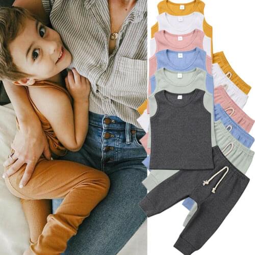 Cotton Infant Kid Baby Girl Boys Clothes Sets 6 Colors Sleeveless Solid Vest Tops+Long Pants 0-24M