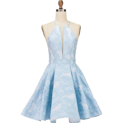 Exquisite Sky Blue A Line Evening Dresses Halter Neck Sleeveless Lace Flower Tea Length Formal Gowns Homecoming Party