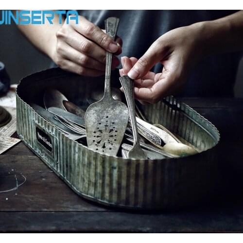 JINSERTA Antique Oval Zinc Serving Trays Wrought Iron Plate Metal Retro Handmade Storage Trays Bread Cake Decorative Tray