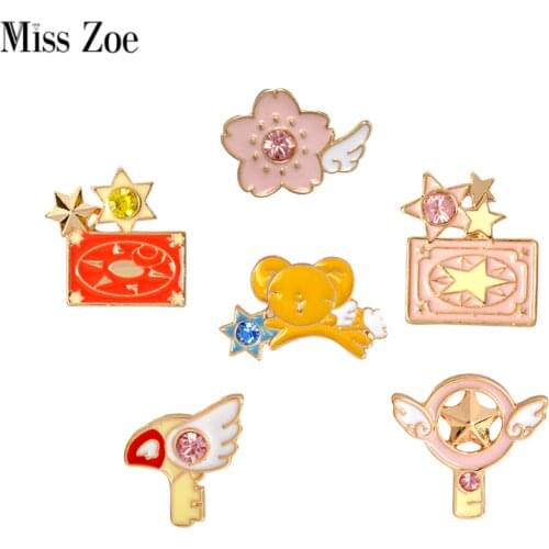 Miss Zoe Card Captor Sakura Clow Card Wings Star Stick Bird KERO Brooch Denim Jacket Pin Badge Japanese Animation Jewelry