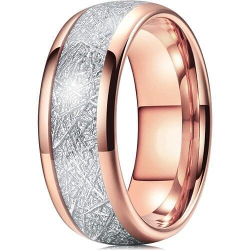 Fashion 8mm Mens Rose Gold Tungsten Carbide Ring Silver Meteorites Inlaid Dome Engagement Ring Mens Wedding Band Size 6-13