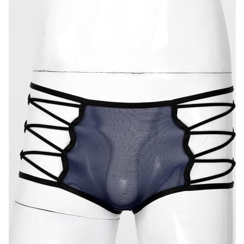 Cotton Men Boxer Brief Underpants Hollow Out Silky Panties Crisscross Mid Waist Translucent Sexy Underwear for Casual Bedtime