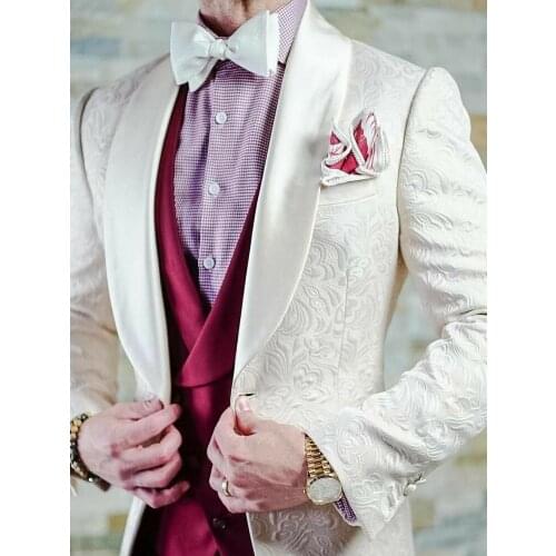 Men Suits Beige Pattern and Dark Red Groom Tuxedos Shawl Satin Lapel Groomsmen Wedding Best Man ( Jacket+Pants+Vest+Tie ) C935