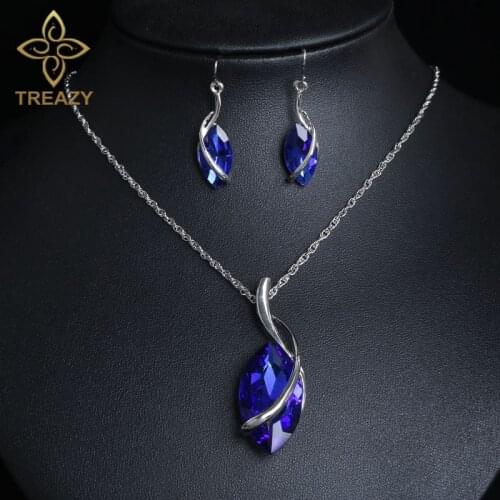 TREAZY Fashion Jewelry Sets Silver Plated Leaf Shape Crystal Pendant Necklace Earrings Women Wedding Bridal Jewelry Sets