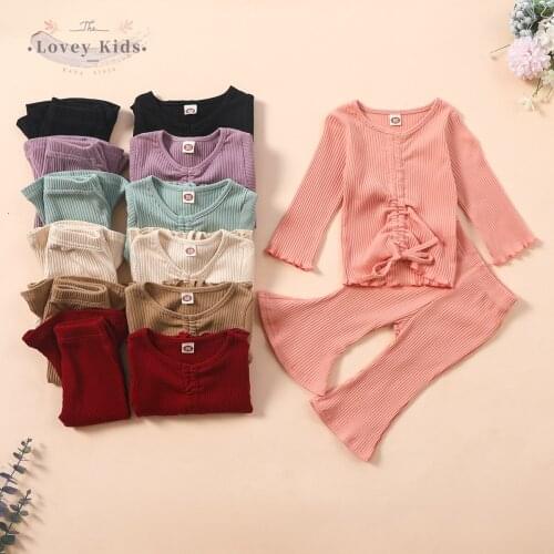 Autumn Baby Girls Clothes 2PCS Solid Bowknot Long Sleeve Pullover Drawstring Tops Flare Pants Bell-bottomed Pants Trousers 0-3Y