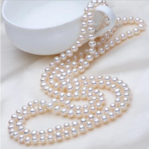 Jewelry Free Shipping 100% Genuine 7-8MM freshwater pearl necklace sweater chain bright long 65INCH multi layer gift