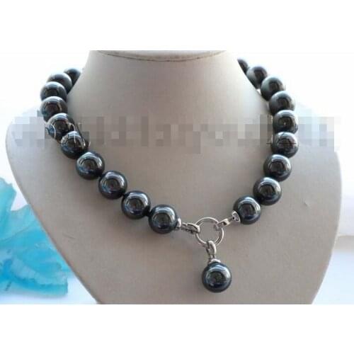 FREE shipping>>>>18" Natural 16mm Black Round Shell Pearl Necklace Pendant #f1617