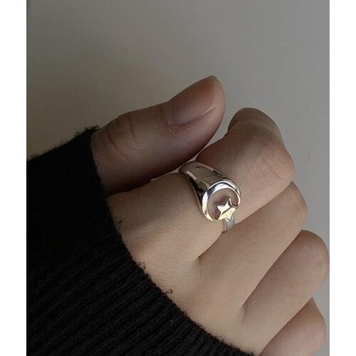 Silvology 925 Sterling Silver Star Moon Rings Creative Design Glossy Chic Open Rings for Women Nordic Style Fashionable Jewelry