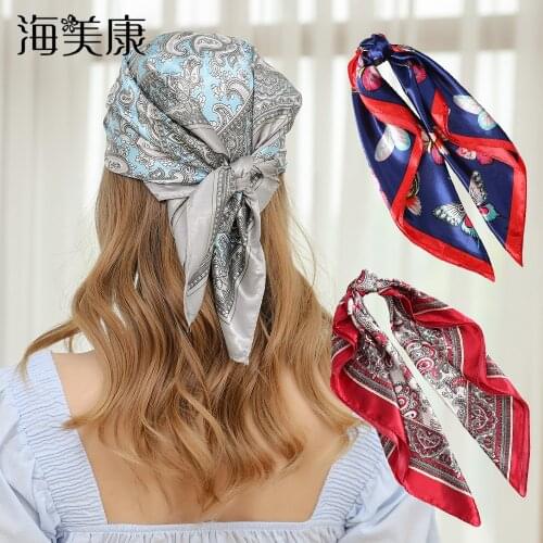 Haimeikang Butterfly Square Silk Scarf Floral Print Headband Hair Accessories Women Girl Head Neck Satin Bandana Handkerchief