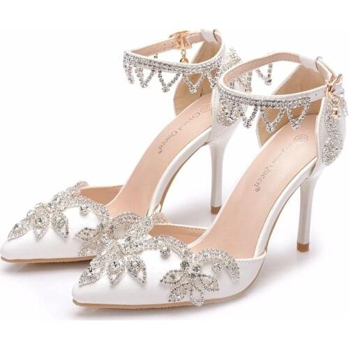 Crystal Queen Rhinestone Pumps Women Thin High Heels Pointed Toe Ankle Strap Sandals Wedding Shoes Party Heels Women Shoes