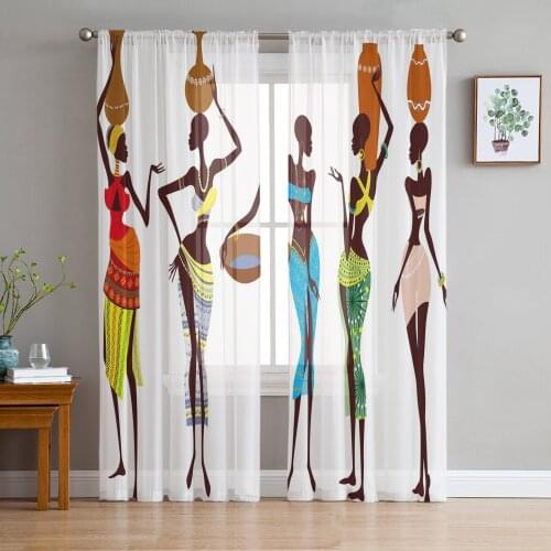 African Women Bottle Ethnic Tulle Sheer Window Curtains for Living Room Kitchen Children Bedroom Voile Hanging Curtain