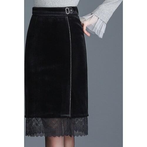 Spring Fall Fashion Office Ladies Womens High Waisted Lace Patchwork Black Pencil Skirt , Summer Woman Slim 4xl Elegant Skirts