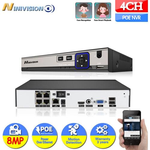 NINIVISION Ultra HD 4K 4CH POE NVR ONVIF H.265 3.5mm Audio Out Surveillance Security Video Recorder for 1080p 4mp 5mp 8MP POE IP