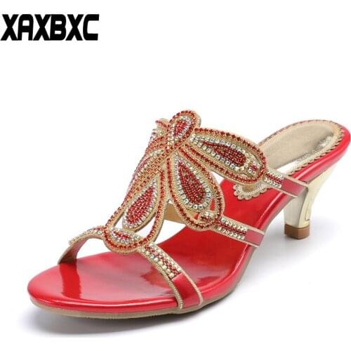 XAXBXC 2018 New Summer Leather Rhinestone Slippers Gladiator Sandals Crystal High Heels Women Bridesmaid Sandalias Wedding Shoes