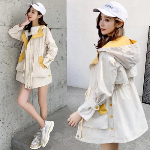 Women Color Matching Jacket Female Spring Autumn 2021 New Trendy Hooded Windbreaker Student Loose Trench Coat Off White W55