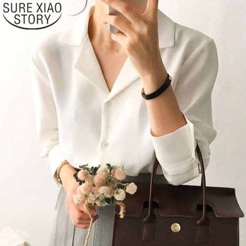 2021 Autumn Fashion Women Chiffon Blouses Long Sleeve V-neck Women Clothing Casual Solid Loose Women Tops Office Lady 5504 50