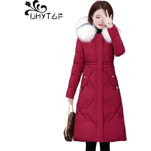 UHYTGF Womens Jacket Quality Down Cotton Winter Coat Fashion Fur Collar Hooded Casual Warm Outwear Plus Size Parker Female 1932