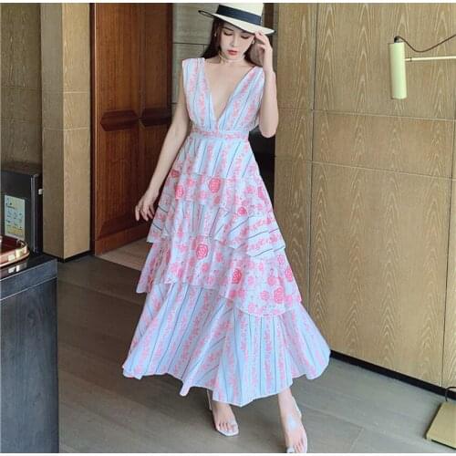 Runway Summer Pink Cascade Ruffles Tank Dress Women Sexy Deep V Neck Flower Print Chiffon Sleeveless Holiday Party Long Dress