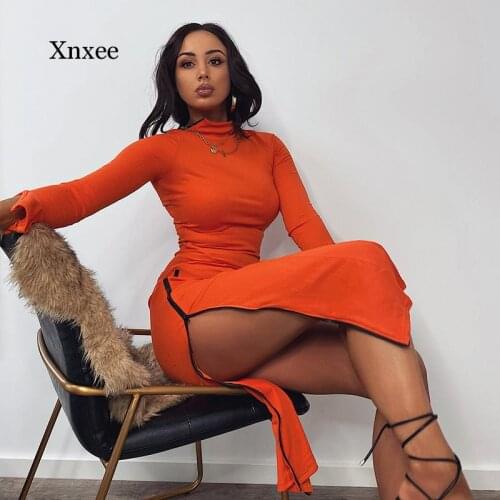 Women Sexy Dress Flare Slit Sleeve Bodycon Zipper Side Split Mid-Calf Length Autumn Party Club Casual Femme Dresses Clothing