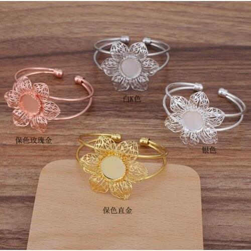 20pcs Filigree Flower 15mm Bangle Base Bracelet Blanks Tray Bezel Brass Cuff Bracelet Setting Cabochon Cameo Jewelry Findings