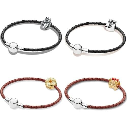 2019 NEW 100% 925 Sterling Silver 1:1 SHINE PIGGY BANK Good Fortune Coin Money Bag Lion Head Beads Braided Leather Bracelet Set