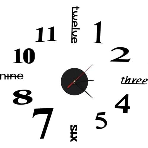 3D Large Wall Clock Mirror Sticker Big Watch Sticker Home Decor Unique Gift DIY black
