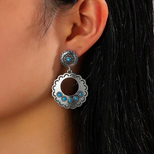 Antique Flower Turquoises Round Dangle Earrings Vintage Drop Hanging Bohemia Filigree Flower Jewelry for Women Charm Earrings