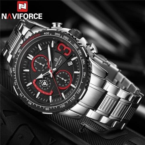 NAVIFORCE Men Watch Sport Man Wristwatch Top Brand Luxury Silver Military Chronograph Stainless Steel Quartz Male Clock 8017
