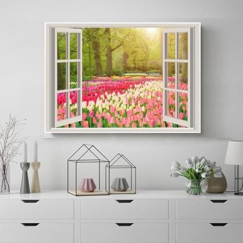 Flower Garden Landscape Poster Outside Window Creative Canvas Painting Scandinavian Wall Art Picture Home Room Aisle Decor