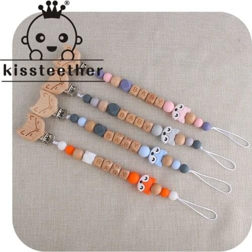 Kissteether Personalized Name DIY Wooden Pacifier Chain Cartoon Fox Silicone Bead Teether Chew Toy Pacifier Clips Holder Chain