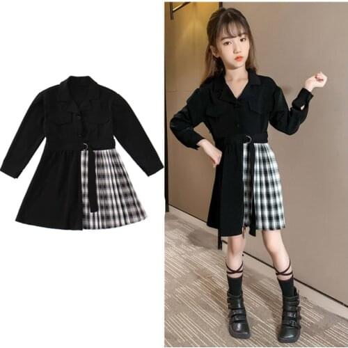 Kids Blazer Dress 2020 Girl Formal Black Blazer Dress Suit Jacket Female Fashion Childrens Stitching Plaid Blazer Party Costume
