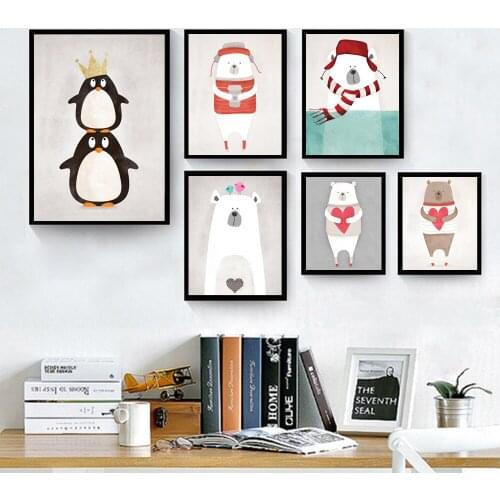 Lovely Pop Cartoon Canvas Art Print Painting For Baby Room Decoration Bear Hippo Cute Penguin Bear Holding a Love Unframed