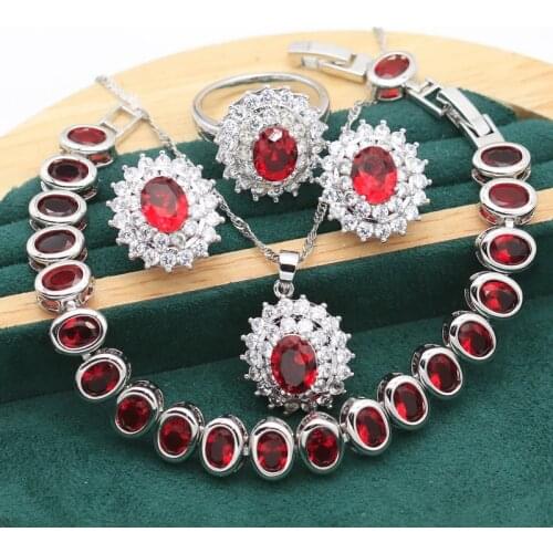 Classic Red Topaz Silver Jewelry Set for Women Birthday Bracelet Earrings Ring Wedding Necklace Christmas Free Gift Box