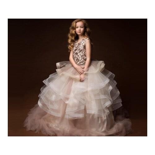 Cute Flower Girls Dresses For Photo Shoot Sleeveless V Neck Lace Flowers Appliques Tulle Puffy Kids Pageant Dress 2021
