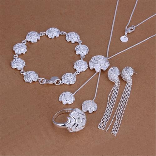 Popular woman party Jewelry set 925 sterling Silver rose flower rings Bracelets necklaces stud earring fashion wedding fine gift