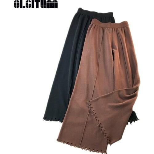 New Fashion 2020 Autumn/Winter Women Casual Straight Retro Soft Style Knit Wide Leg Pants High Waist Solid Long Loose Pants