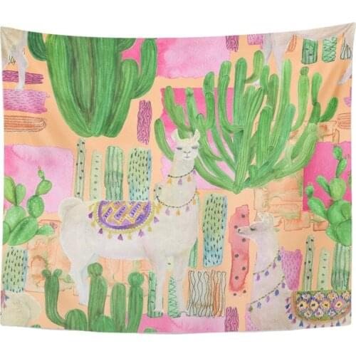 Print 50x60 Inches White Alpaca Watercolor Painting Llamas Cacti Peru Pet America Animal Tapestry Wall Hangings Home Decor
