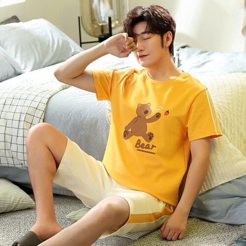 Summer Yellow Cartoon Men Pajamas Set Cotton Breathable Homewear Plus Size Casual Round Neck Short Sleeve Shorts Sleepwear Male