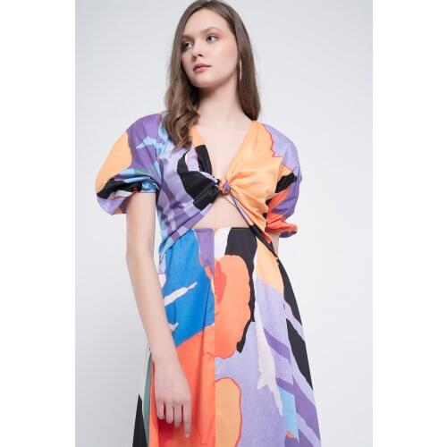 Pattern Low-Cut Detailed Midi Dress Women Dress Top Blouse Dress Women Midi Dress Skirt Dress Elegant Sexy Party Cropped