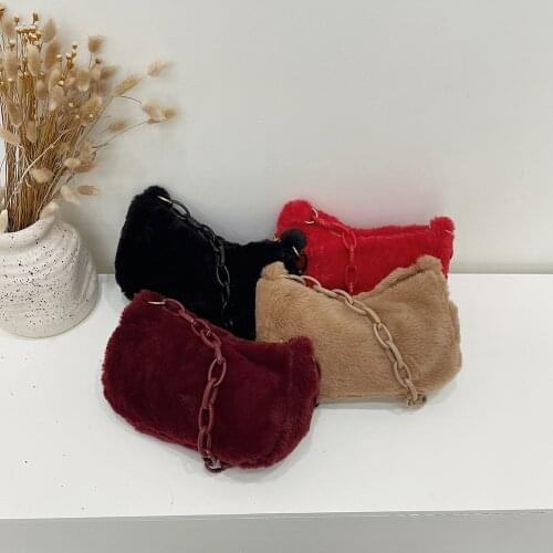 Plush Winter Autumn crossbody Bag Vintage Acrylic Chain Solid Color Shoulder Underarm Bag Casual Plush Handbag Bolso Femenino