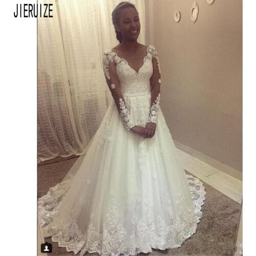 JIERUIZE Wedding Dresses Sheer Scoop Neck Long Sleeve Appliques Wedding Gowns Lace Up Back A Line Bridal Gowns Robe De Mariee