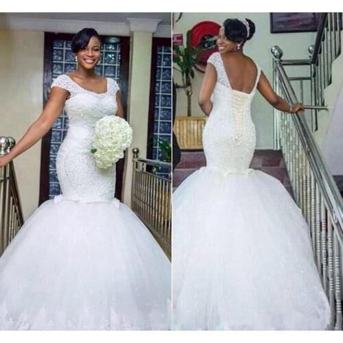 Mermaid Wedding Dresses plus size lace up corset beaded country Wedding Gown south African sheer backless Modest wedding Bridal