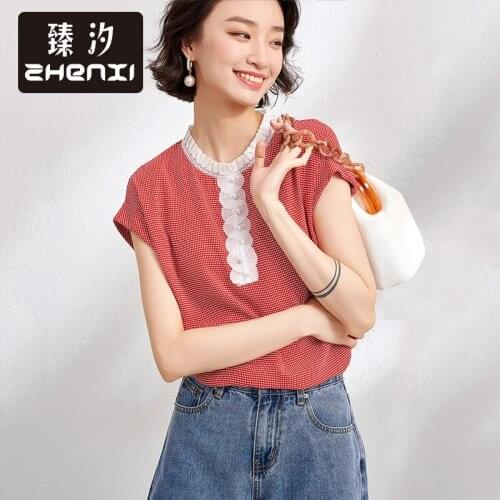 Design sense New of Zhenxi Chiffon stand collar loose Plaid blouse womens slim top se079