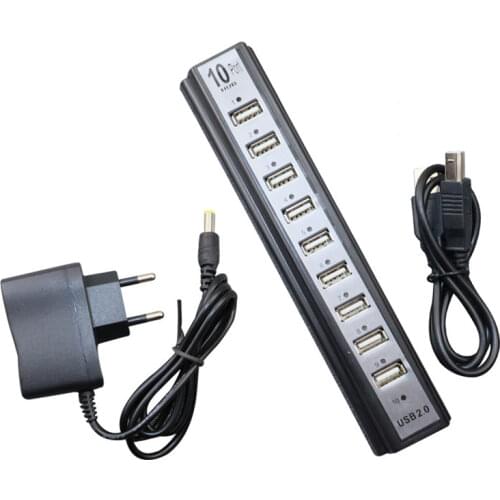 Multi USB Splitters USB 2.0 External Hub 10 Ports High Speed 480mbps Usb Hub with Power Adapter for PC Laptop Macbook Computer