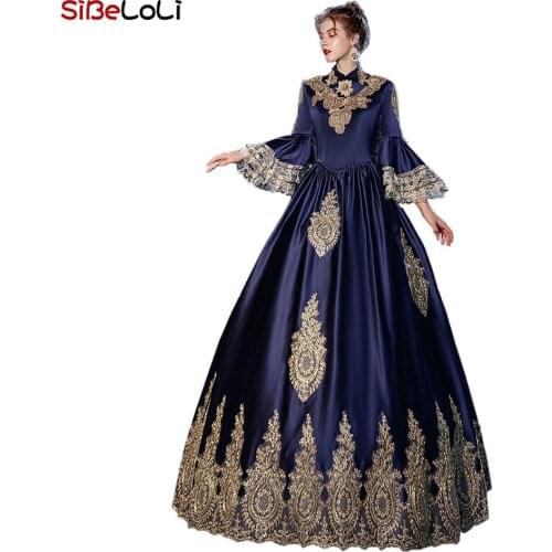 Birthday Party Dress Long Flare Sleeve Navy Blue Lace Medieval Renaissance Masquerade Party Ball Gowns Theater Costumes