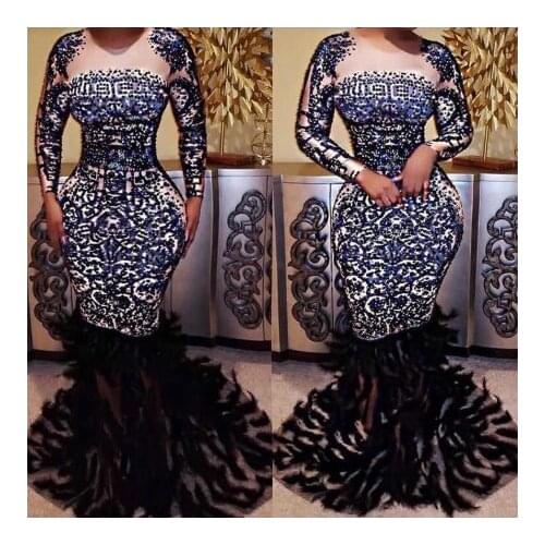 Evening Party Dress Costumes Sexy party dresses Long Sleeve Beading Feather Trumpet Dress