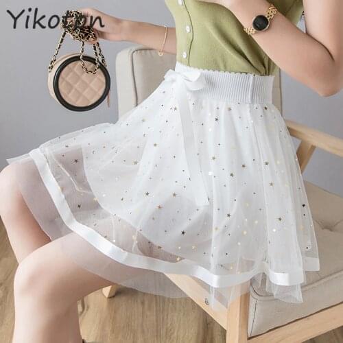 Womens Skirt 2021 Summer Ball Gown Korean Fashion Kawaii Mini Skirts Lace White Solid Sweet High-waisted Mesh Skirt Short Femme
