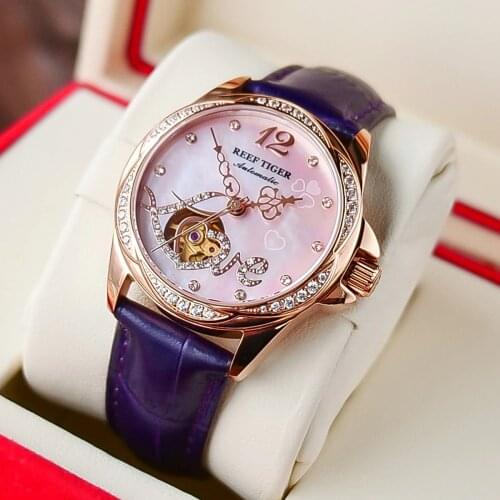2021 Reef Tiger/RT Top Brand Luxury Steel Flower Diamond Women Fashion Automatic Watch Leather Strap RGA1583
