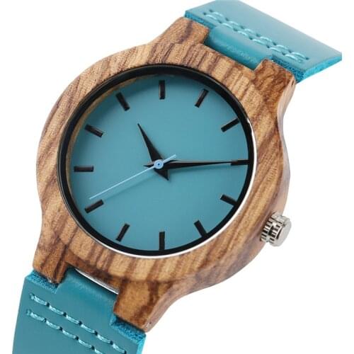 Unique Design Lady Wrist Watch Wooden Blue Color Genuine Leather Band Women Watches Female Nature Wood Clock Gift