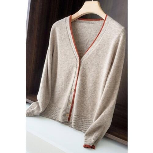 Womens V-neck Long Sleeve Knitted Cardigan Sweater Spring Autumn 100% Wool Solid Color Soft Cardigans Female Loose Trendy Tops
